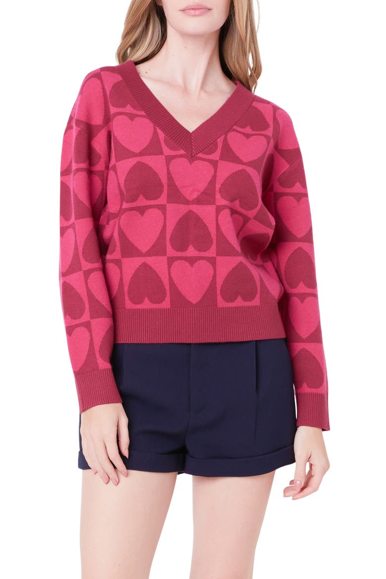 Heart V-Neck Pullover Sweater, Main, color, PINK MULTI