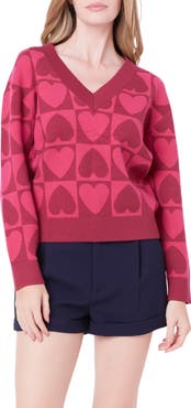English Factory Heart V-Neck Pullover Sweater