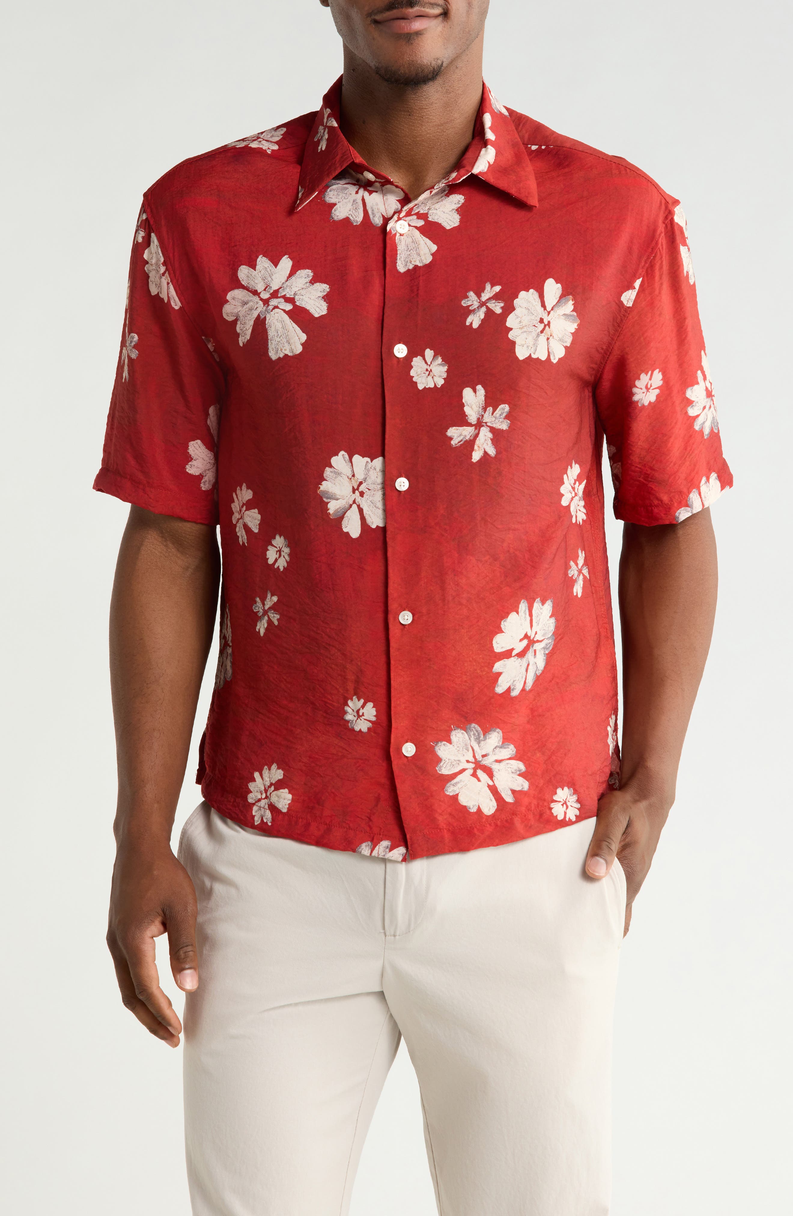 DENIM AND FLOWER Relaxed Fit Floral Short Sleeve Button-Up Shirt
