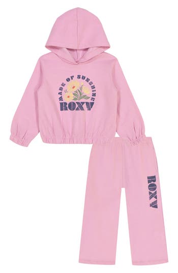 Roxy Kids' Fleece Graphic Hoodie & Wide Leg Pants Set In Pink