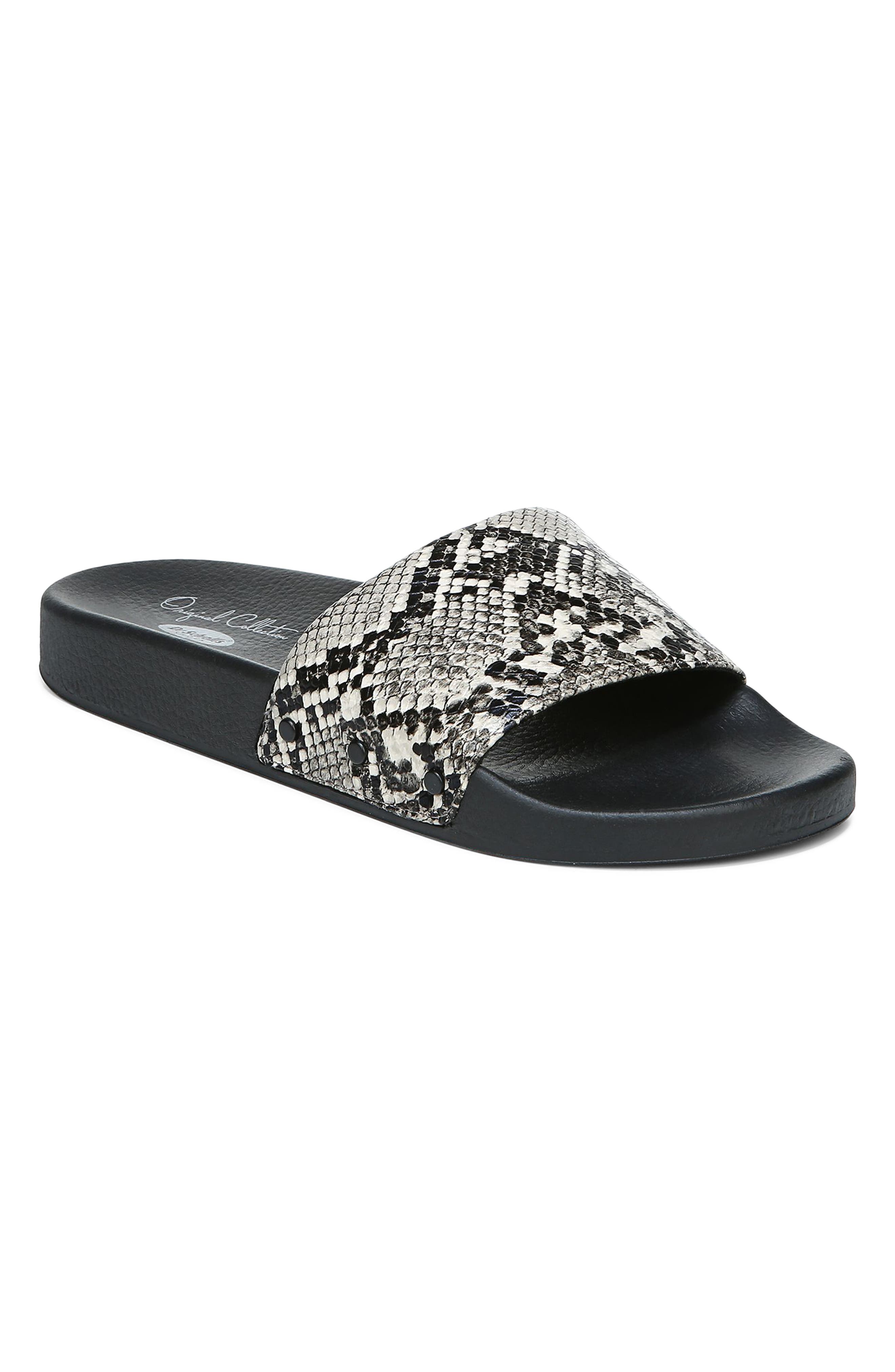 Pisces Slide Sandal, Main, color, BLACK/ WHITE LEATHER
