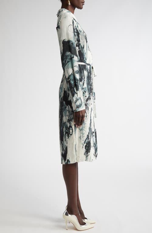 Shop Jason Wu Collection Brushstroke Print Long Sleeve Pleated Georgette Shirtdress In Calico/ink Multi