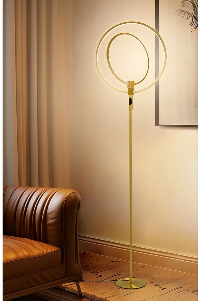 Eclipse 79" LED Industrial Dimmable Floor Lamp with 2 Height Adjustable Orbital Heads, Alternate, color, Antique Brass