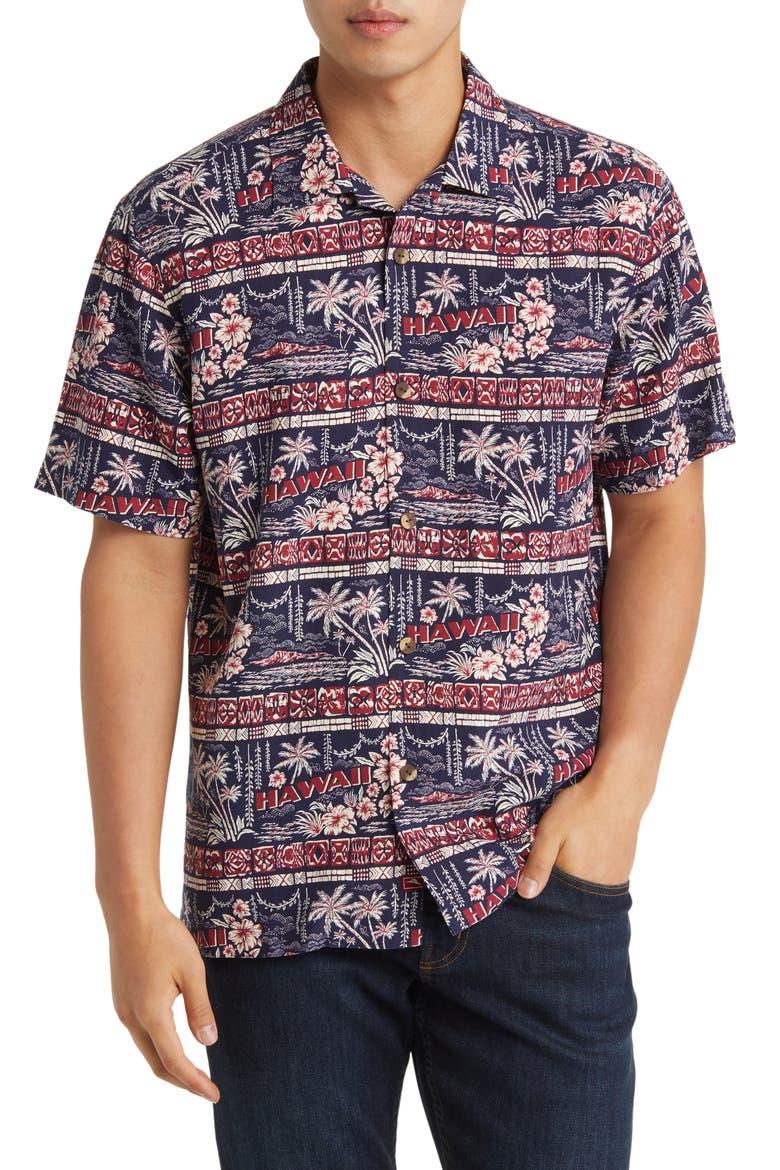 Postcard Paradise Short Sleeve Silk Button-Up Shirt, Main, color, COASTLINE