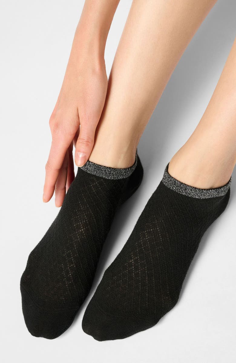 Oroblu Metallic Cuff Cotton Blend Pointelle No-Show Socks, Alternate, color, Black