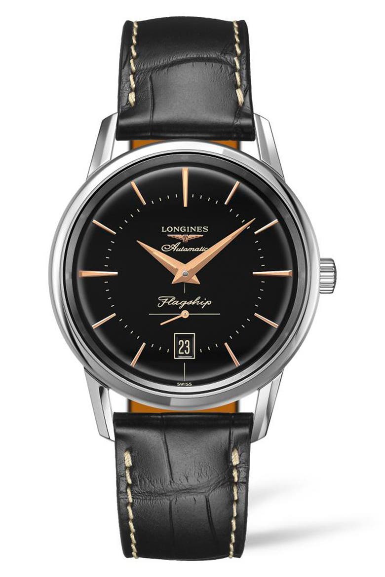 Flagship Heritage Automatic Leather Strap Watch, 38.5mm, Main, color, BLACK/ SILVER