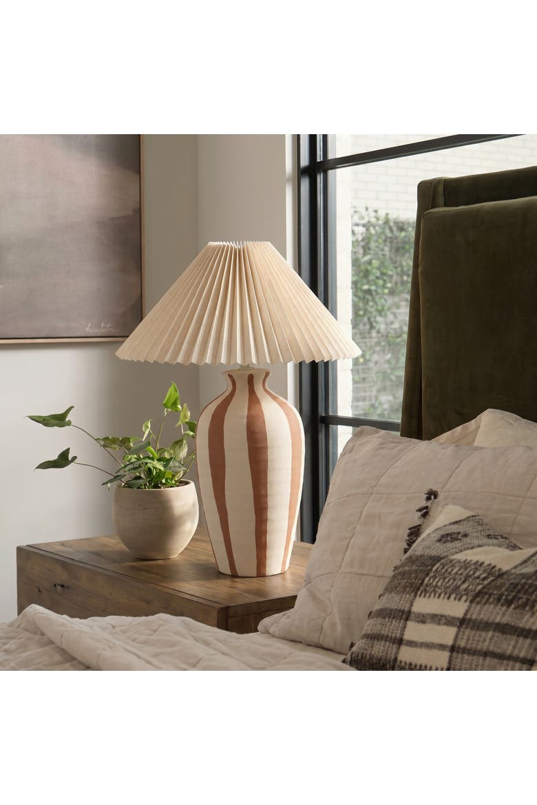 Stoneware Tapered Cylinder Table Lamp with Pleated Linen Empire Shade, Cream, Alternate, color, Multicolor