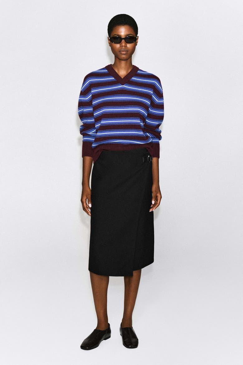 Merino Wool Layered V-neck Sweater, Alternate, color, COBALT / BURGUNDY / STRIPED