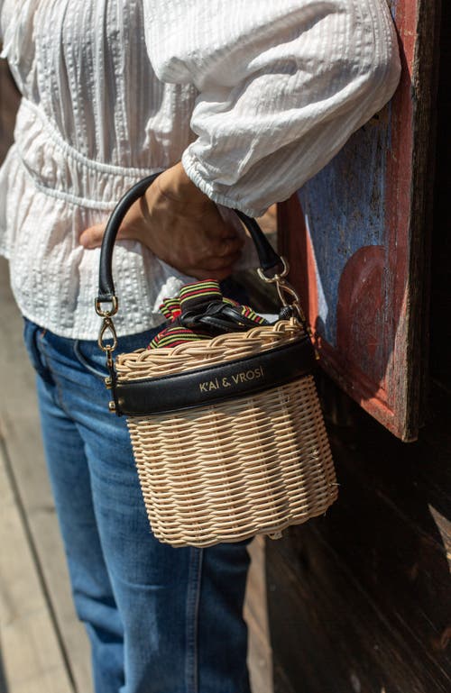 Kai & Vrosi K'ai & Vrosi Leather & Straw Bucket Bag With Drawstring In Black