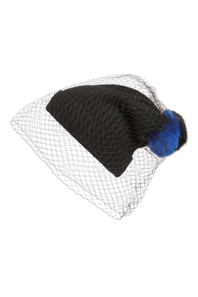 Veiled Pom Beanie, Alternate, color, DARK NAVY