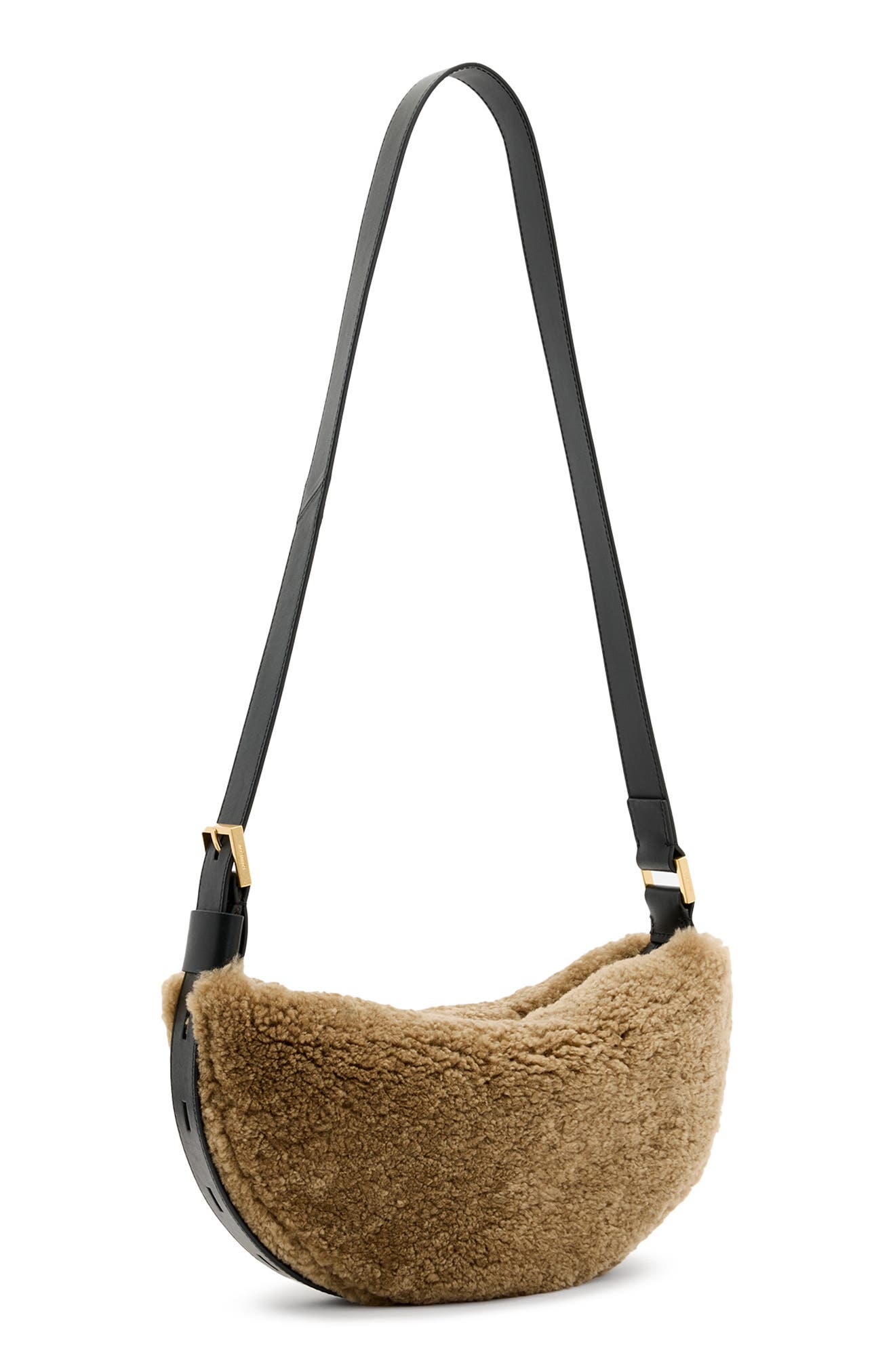 AllSaints Half Moon Genuine Shearling Crossbody, Alternate, color, 