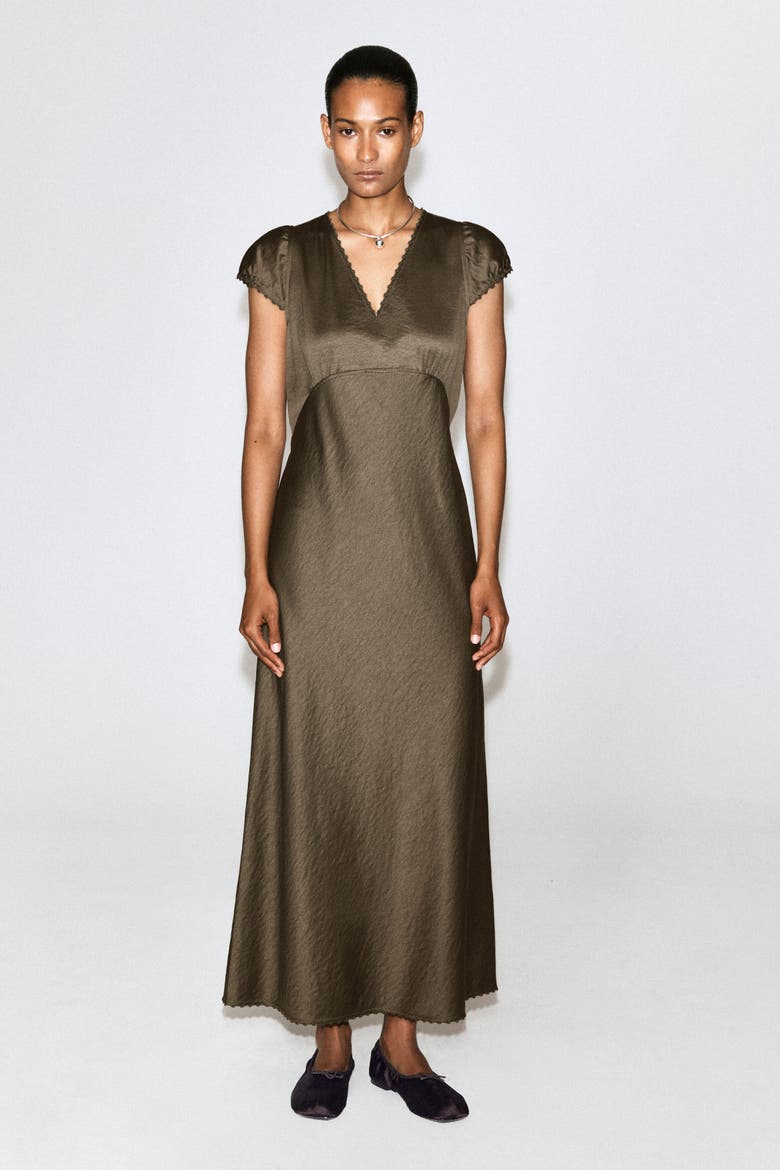 Embroidered Satin Midi Dress, Alternate, color, BROWN