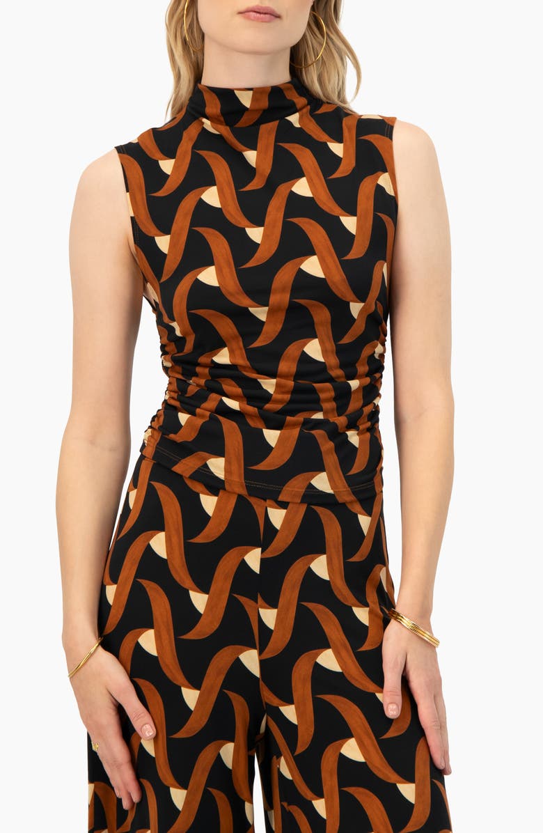 IVONNE Patterned Ruched High Neck Blouse, Main, color, Multi-Brown