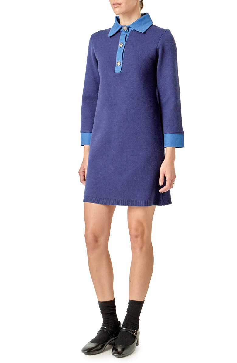 English Factory Mixed Media Long Sleeve Knit Dress, Alternate, color, Navy