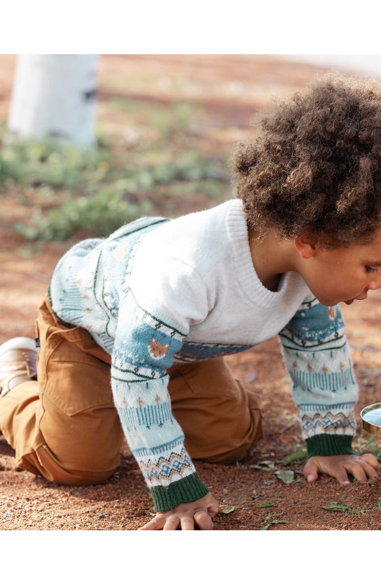 Deux par Deux Little Boy's Jacquard Sweater With Fox Beige, Blue And Green, Alternate, color, 