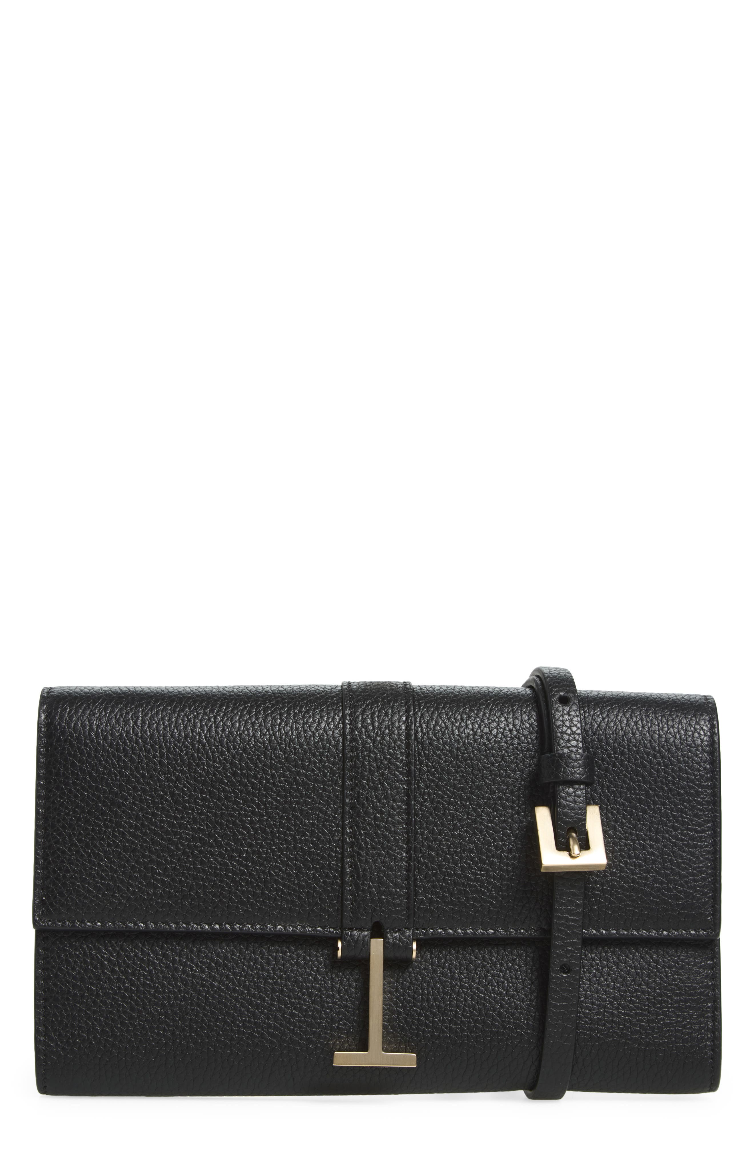 Kara Grain Leather Crossbody Wallet, Main, color, BLACK