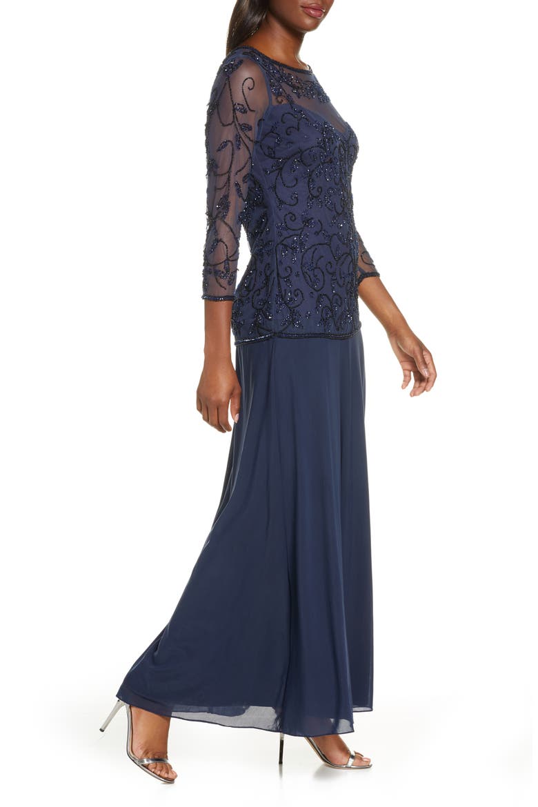Beaded Mesh Mock Two-Piece Gown, Alternate, color, NAVY/ BLACK