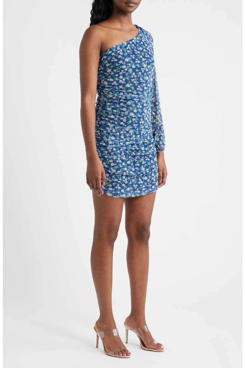 Print Mesh Shirred One-Shoulder Dress, Alternate, color, NAVY
