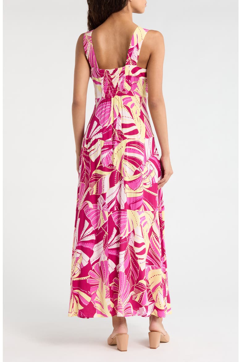 Palm Print Tiered Maxi Dress, Alternate, color, DEEP SANGRIA