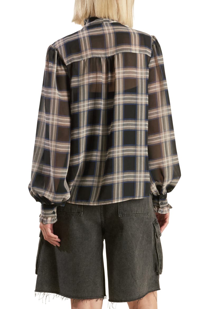 Plaid Button Down Tie Neck Top, Alternate, color, BLACK MULTI