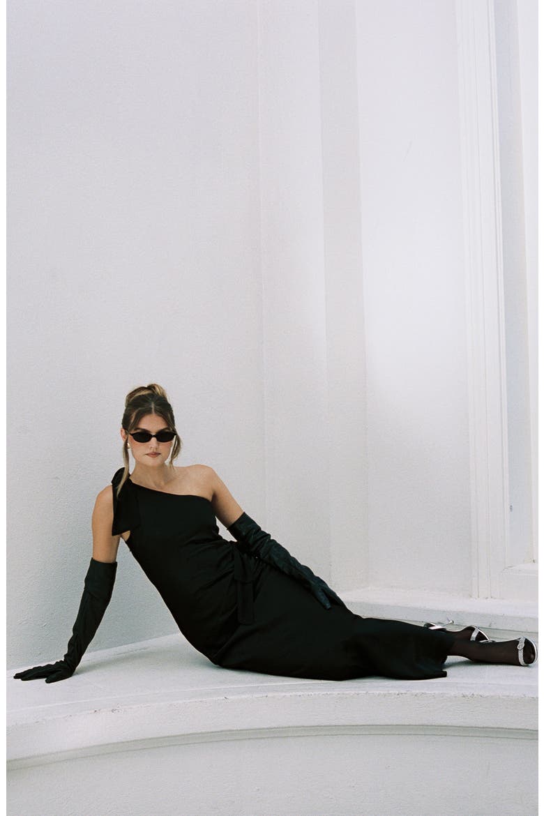 x Sara Walker Audrey One-Shoulder Washed Satin Maxi Dress, Alternate, color, BLACK