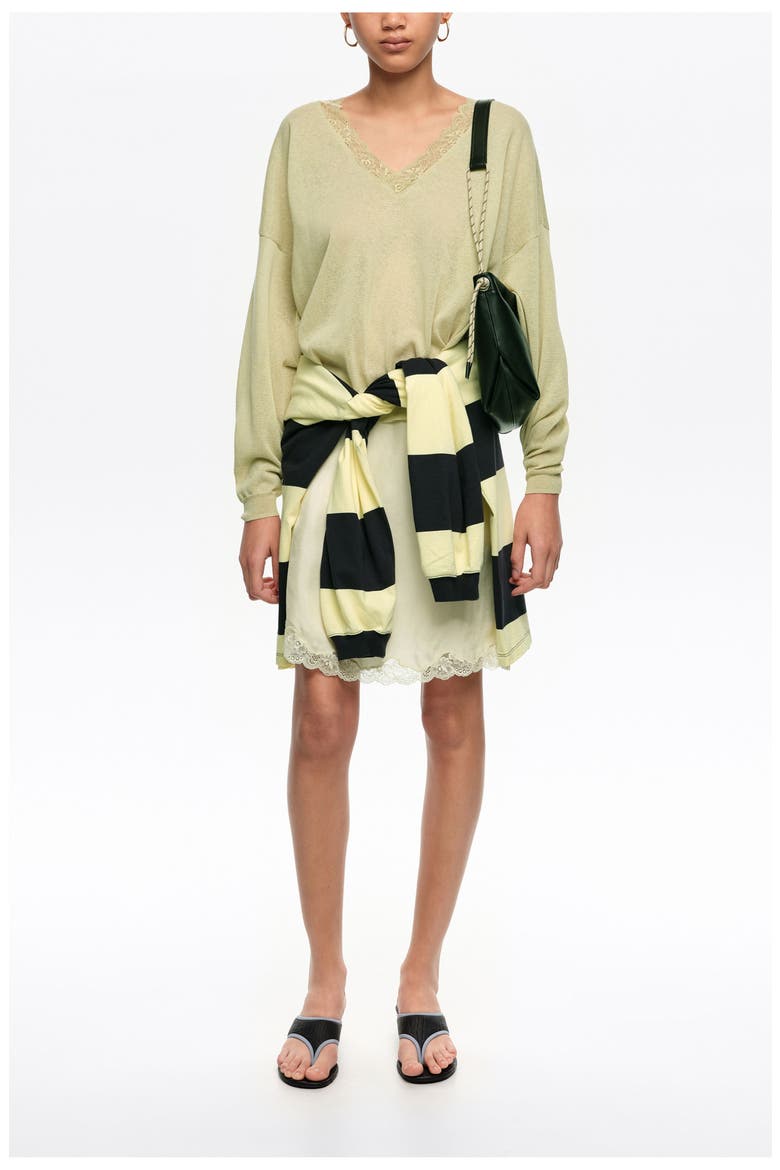 Short Sweater In Cotton Linen and Lace, Alternate, color, LIGHT GREEN