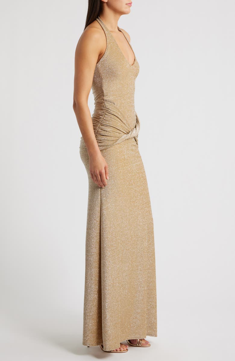 Delfi Collective Soraya Metallic Jersey Halter Column Gown, Alternate, color, Gold