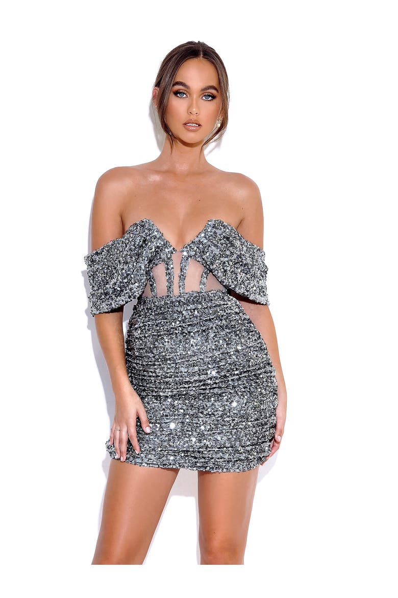 Weston Sequin Off Shoulder Corset Dress, Main, color, Silver and teal blue