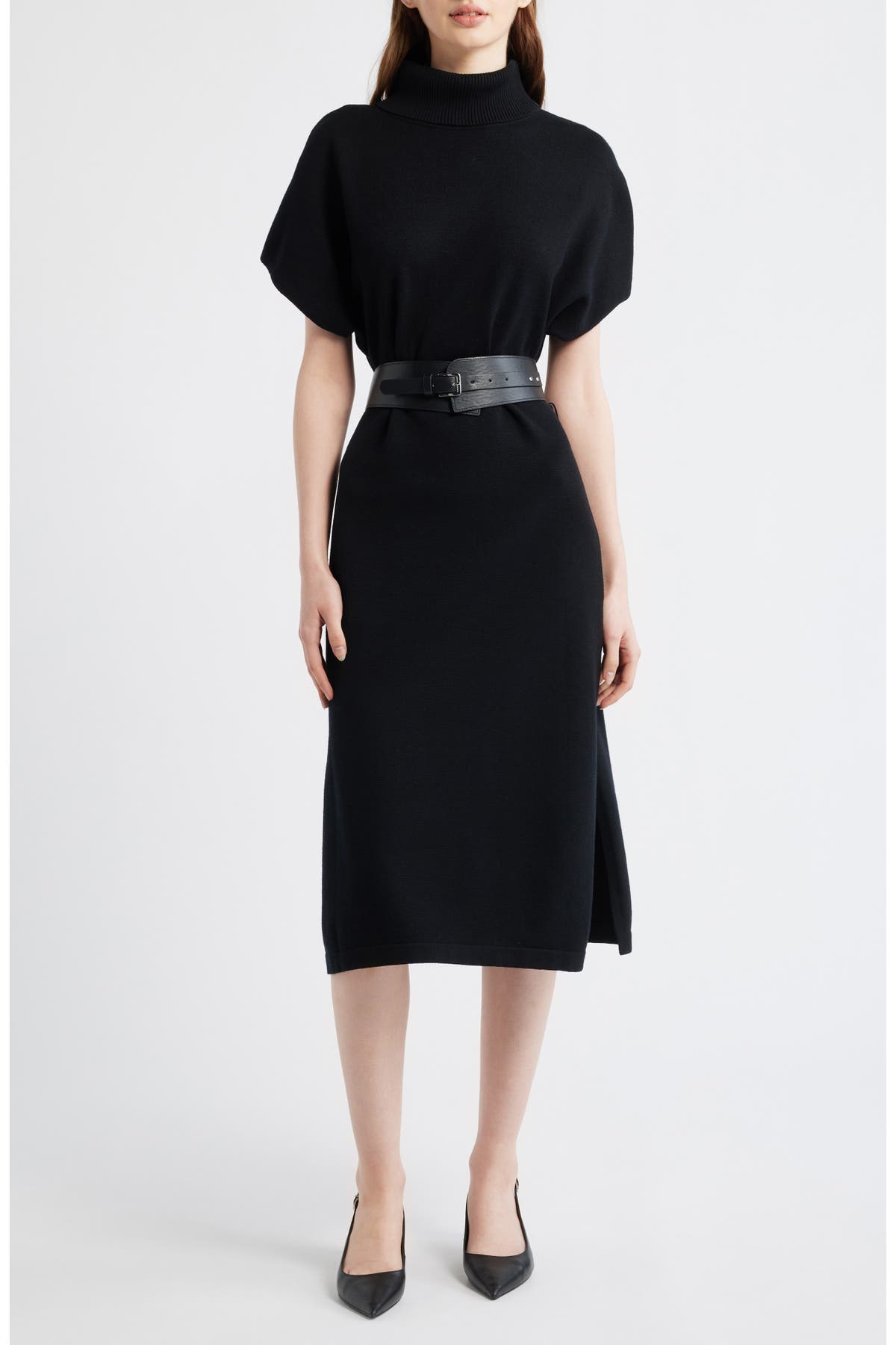 Eliza J black turtleneck midi sweater dress with belt