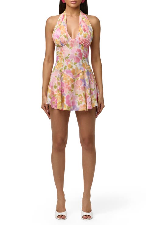 Printed Pleated Skirted Chiffon Romper