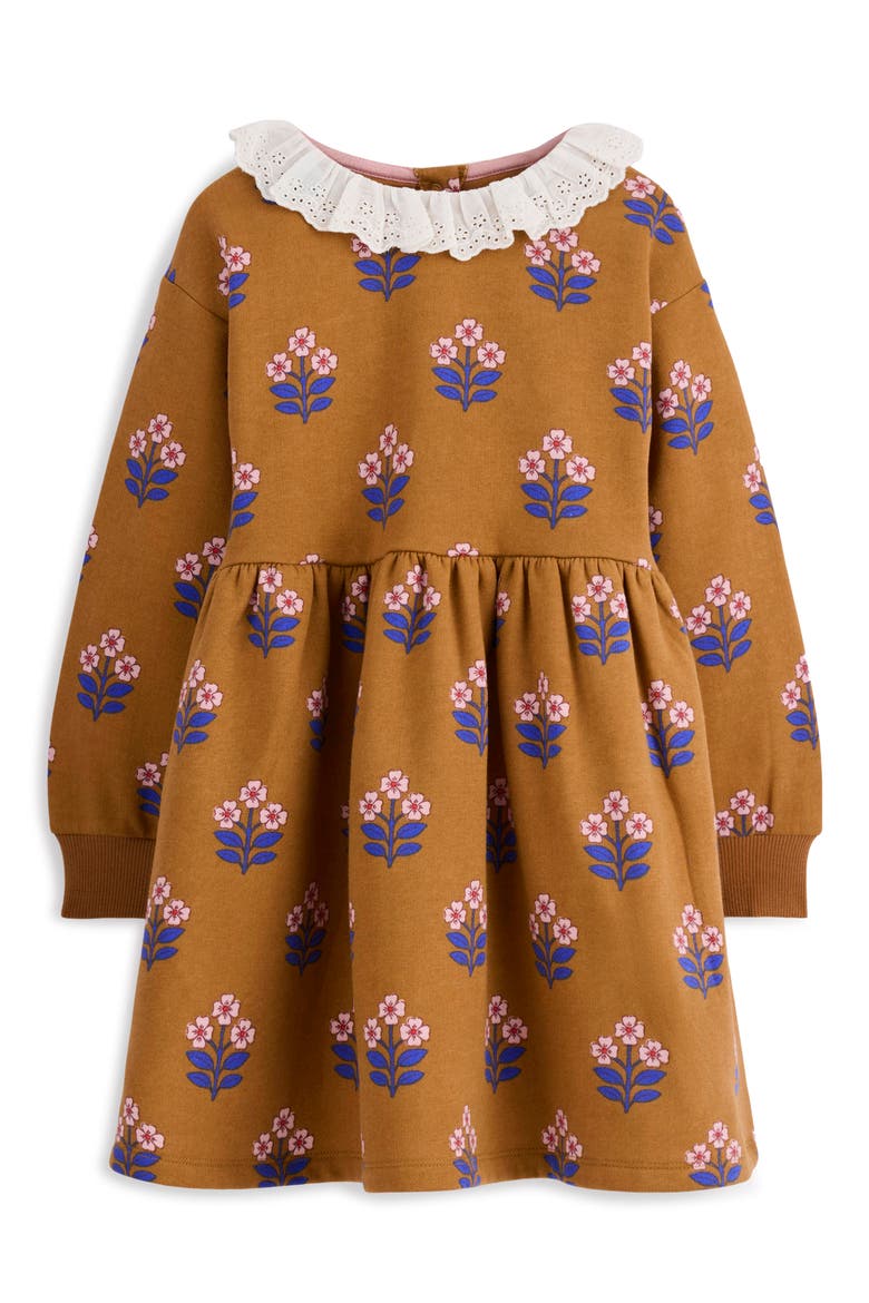 Kids' Frill Sweater Dress, Main, color, TOFFEE BROWN FLOWER STAMP