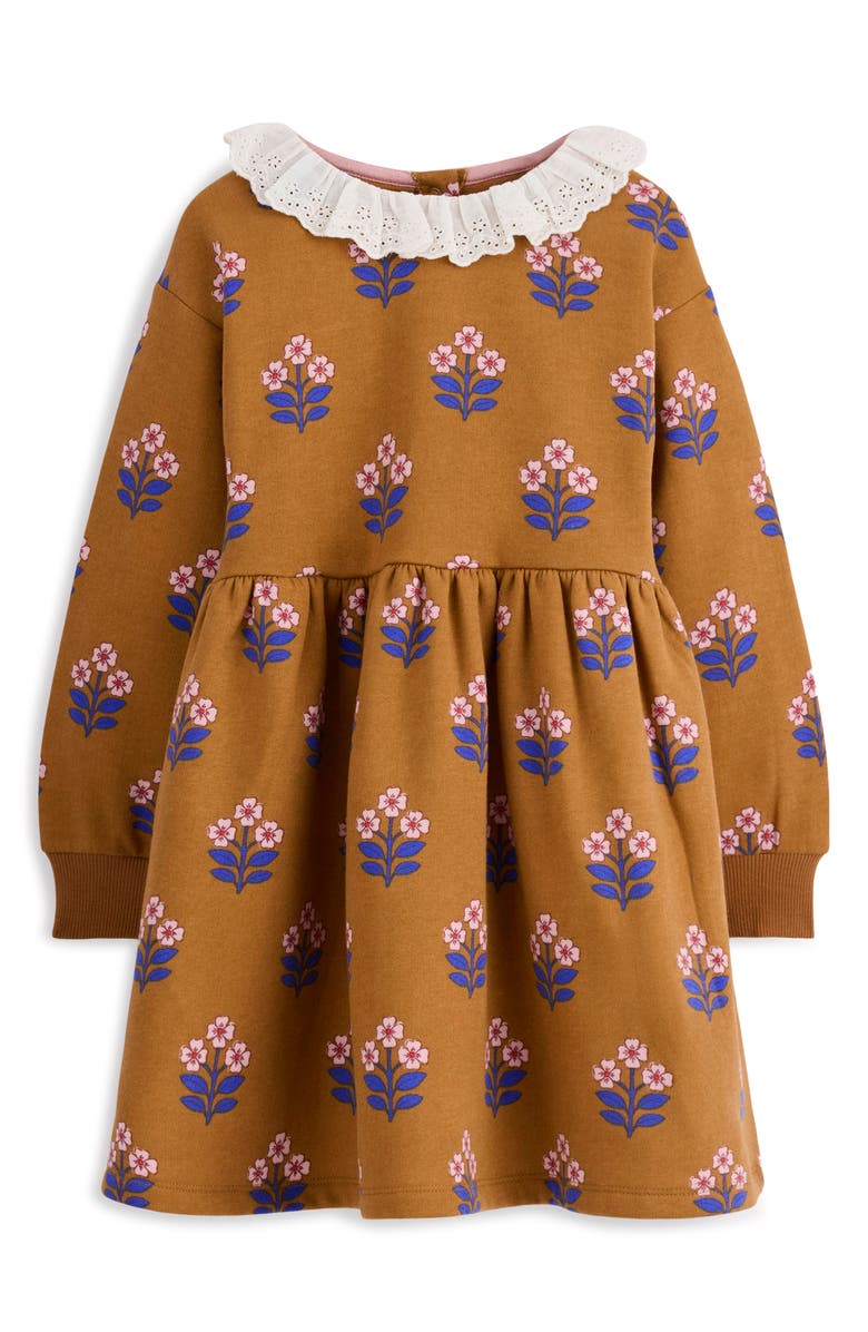 Mini Boden Kids' Frill Sweater Dress, Main, color, Toffee Brown Flower Stamp