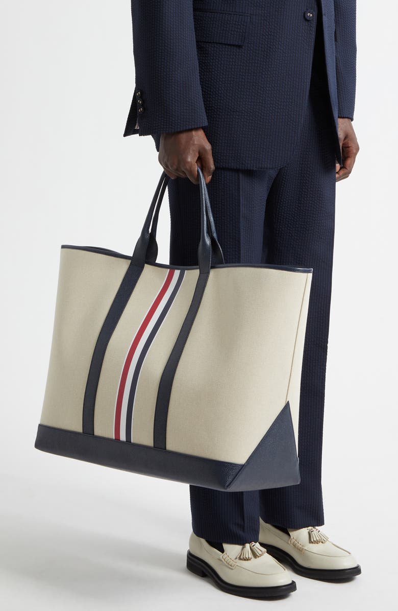 Thom Browne Oversize Canvas & Leather Tool Tote, Alternate, color, Navy