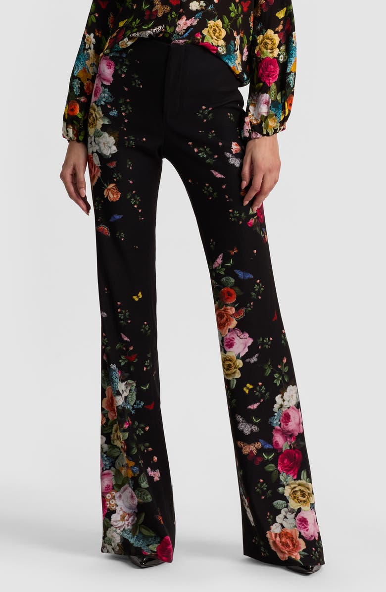 Alice + Olivia Teeny Floral Fit & Flare Bootcut Pants, Main, color, Solar Strength Black