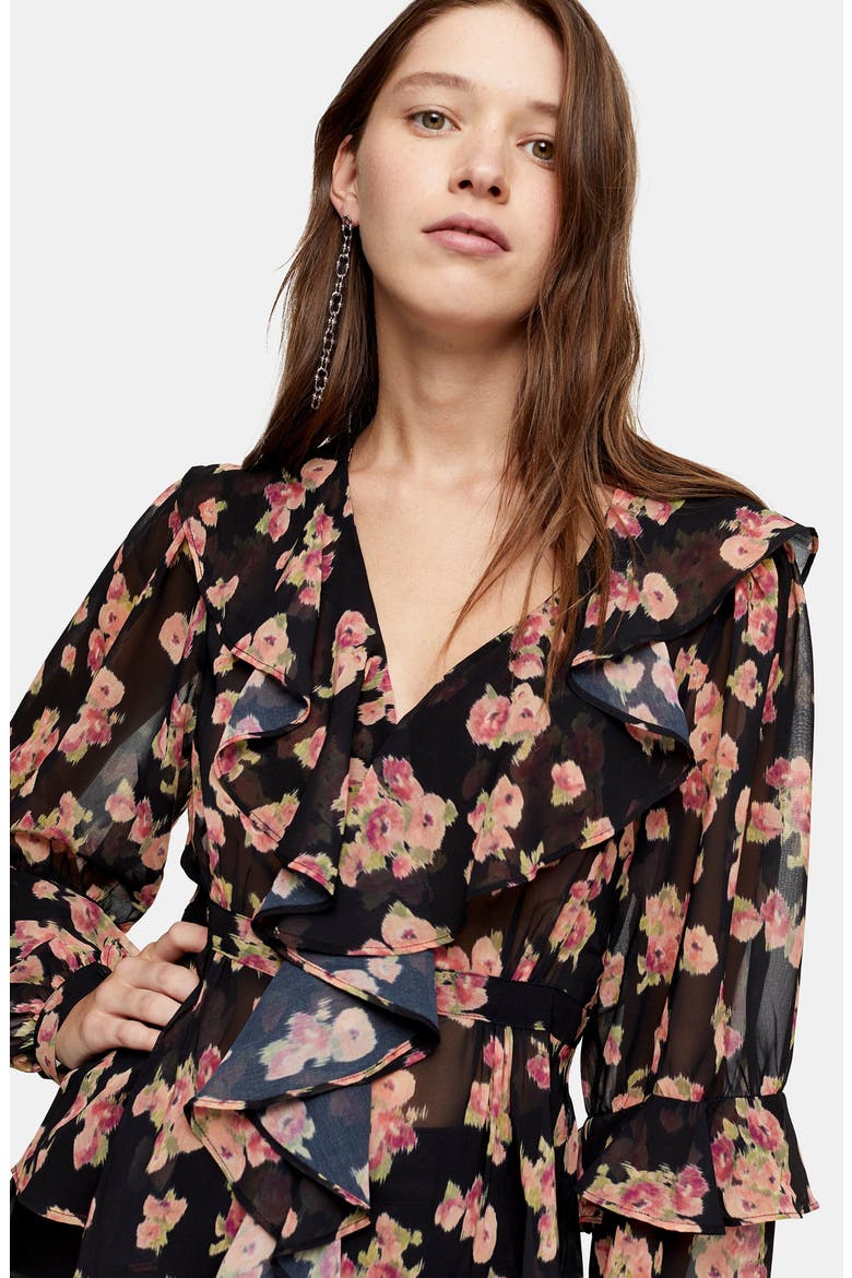 Floral Print Ruffle Blouse, Alternate, color, BLACK MULTI