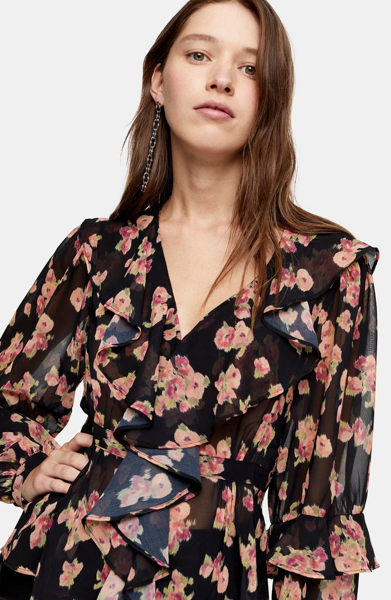 Topshop Floral Print Ruffle Blouse, Alternate, color, 