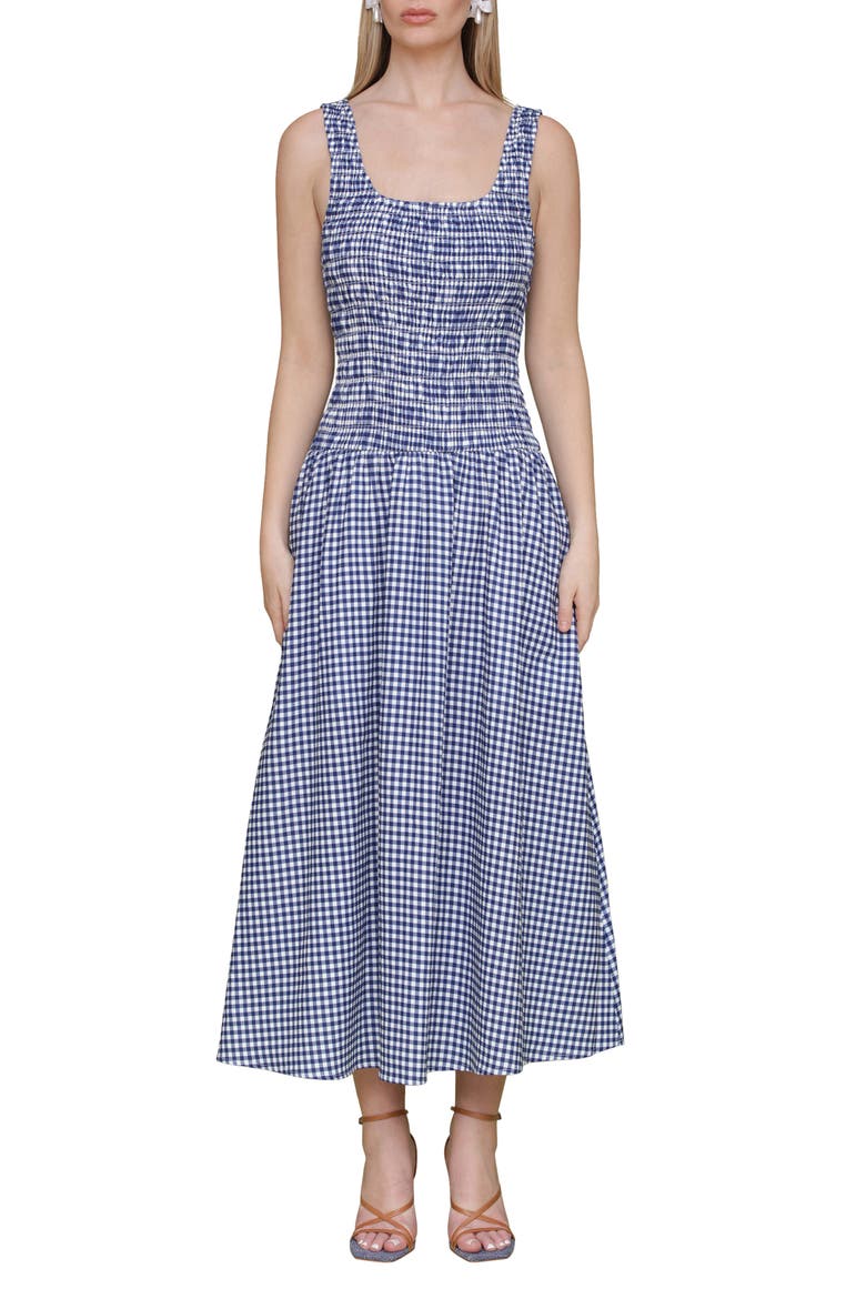 Smocked Sleeveless Fit & Flare Maxi Dress, Main, color, NAVY WHITE GINGHAM