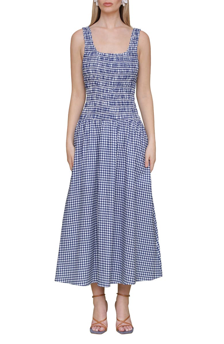 Avec Les Filles Smocked Sleeveless Fit & Flare Maxi Dress, Main, color, Navy White Gingham