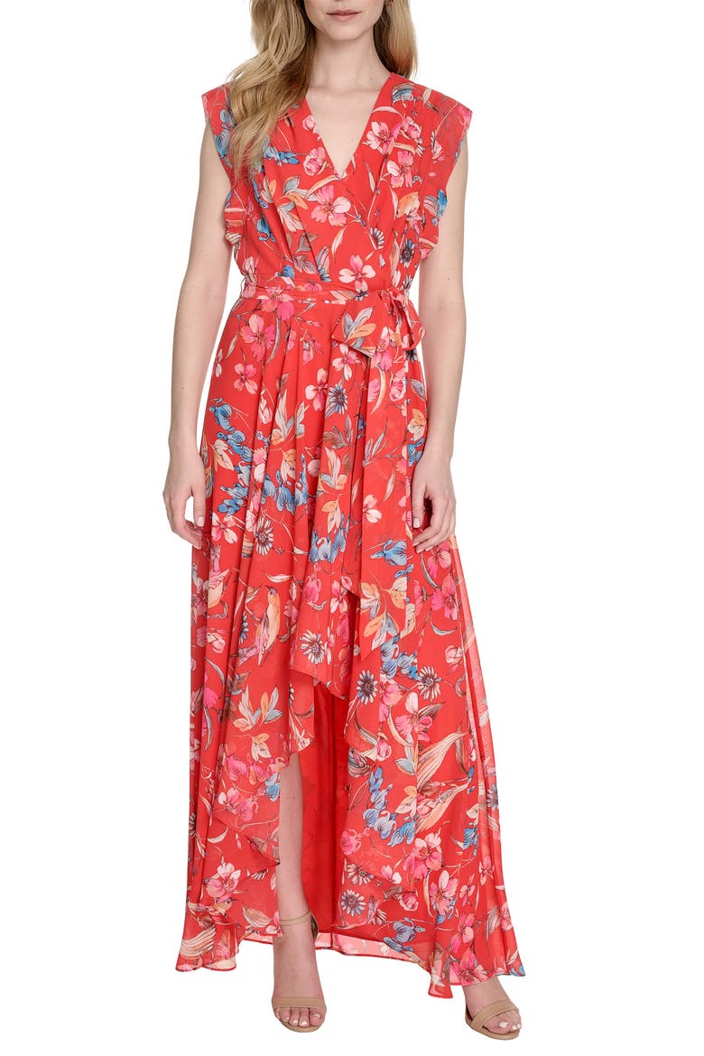 Floral Surplice Neck Sleeveless High-Low Dress, Main, color, RED MULTI