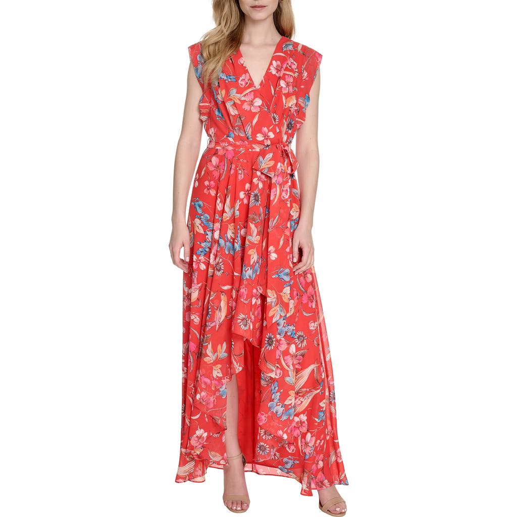 ELIZA J ELIZA J FLORAL SURPLICE NECK SLEEVELESS HIGH-LOW DRESS