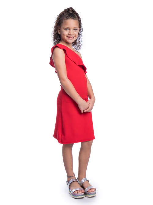 24sevenkid Solid Color One Shoulder Ruffle Knee Length Dress In Red