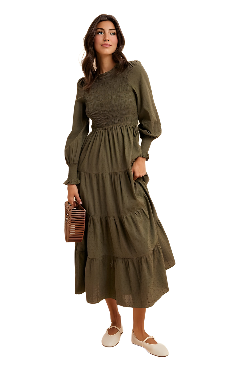Knit and Lounge Smocked Tiered Long Sleeve Maxi Dress, Alternate, color, 