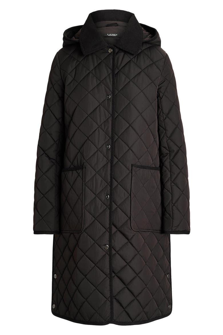 Hooded Longline Quilted Jacket, Alternate, color, BLACK