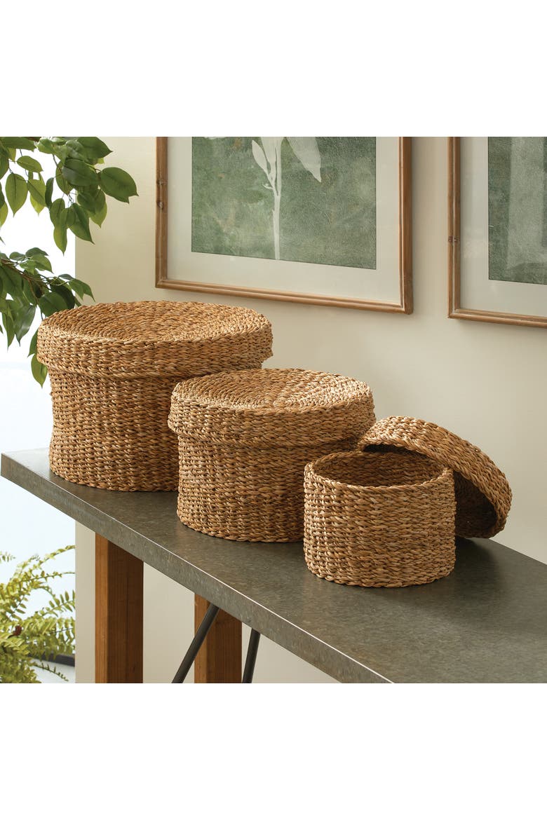 Seagrass Round Lidded Baskets Set of 3, Alternate, color, Brown