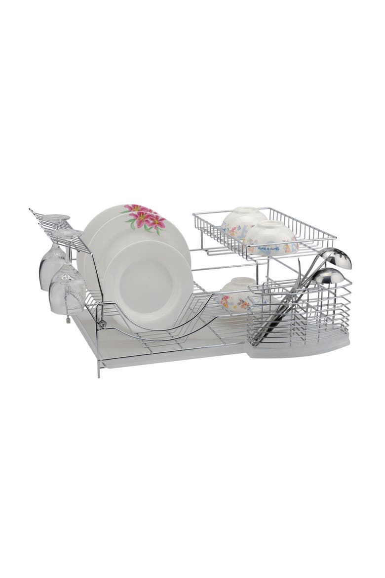 22-inch 2 Tiered Dish Rack with Utensil Caddy, Alternate, color, Silver