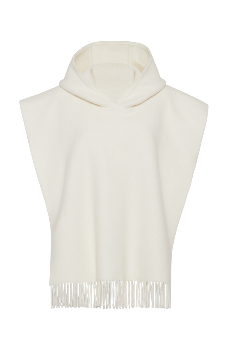 Brunello Cucinelli Wool and cashmere double knit poncho with hood and fringe, Main, color, 