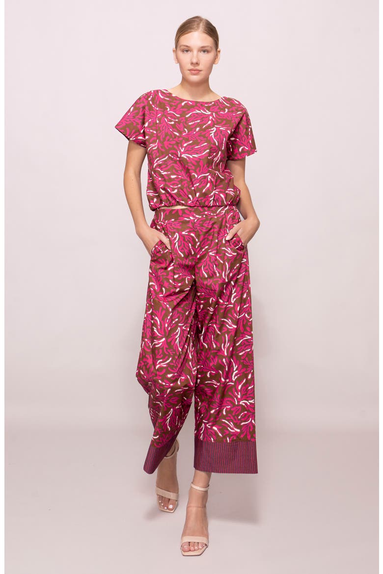 Poplin Pleat Wide Leg Crop Pants, Alternate, color, BROWN MAGENTA REEF