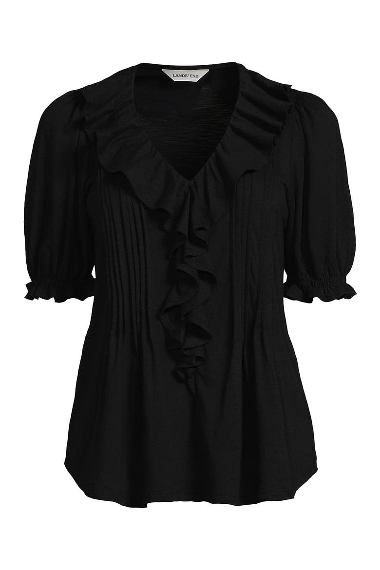 Puff Sleeve Slub Ruffle Pintuck Top, Alternate, color, Black