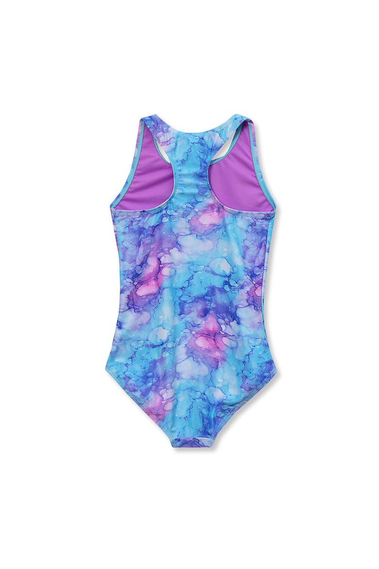 Girls Plus Chlorine Resistant Sporty Hi-Neck Racer Back One Piece Swimsuit, Alternate, color, Watercolor Pebbles/Orchid