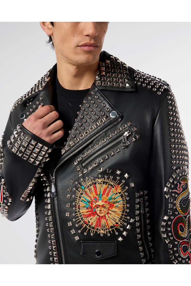 Vintage Leather Biker Jacket Studs &Amp; Patches Men, Alternate, color, black